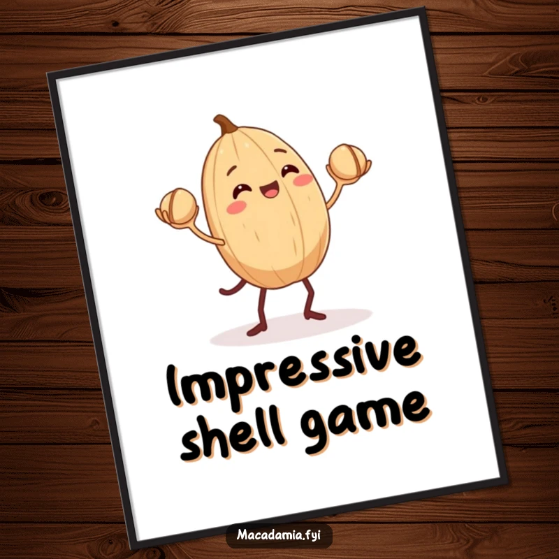 Funny Macadamia Nut Digital Art Print: A macadamia nut with small legs joyfully juggles smaller nuts, humorous wall art.