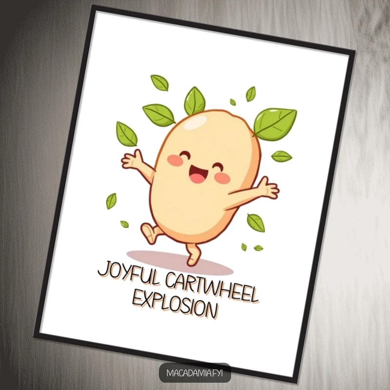 Funny macadamia nut character performing a dynamic cartwheel with leaves swirling, available as a digital art download.