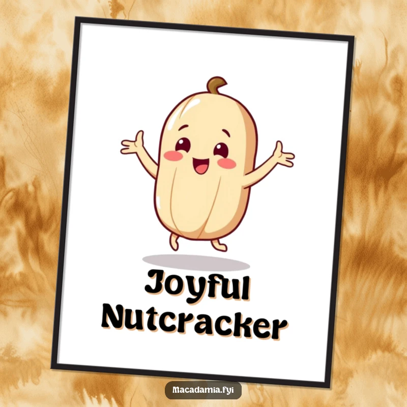 Funny Nut Digital Art Print: A macadamia nut character dances with flailing arms joyfully, creating humorous and energetic digital art.
