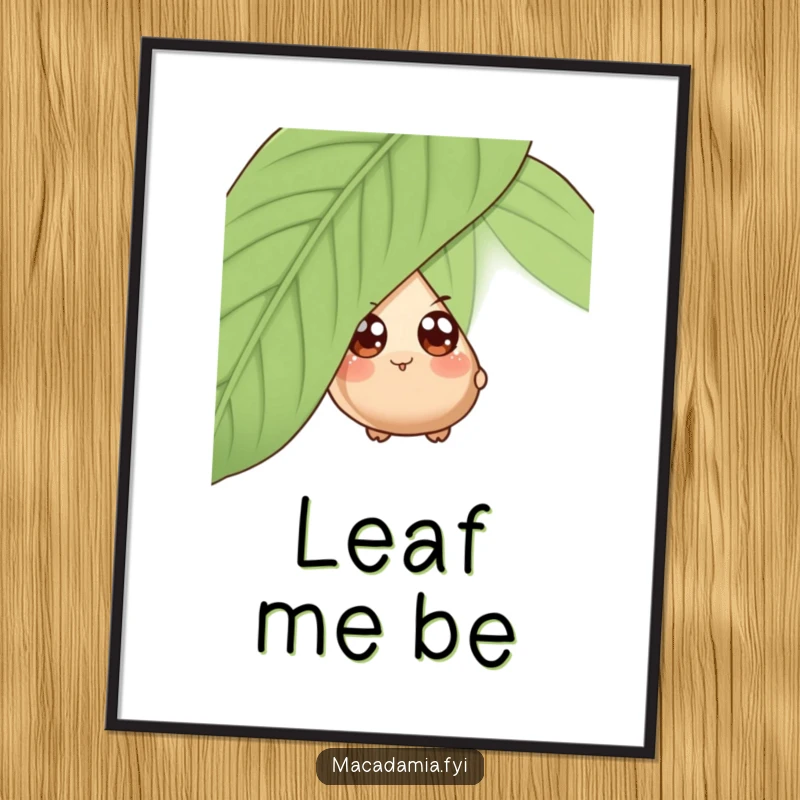 Funny digital art print of a wide-eyed macadamia nut character playfully peeking from behind a giant leaf, evoking curiosity.