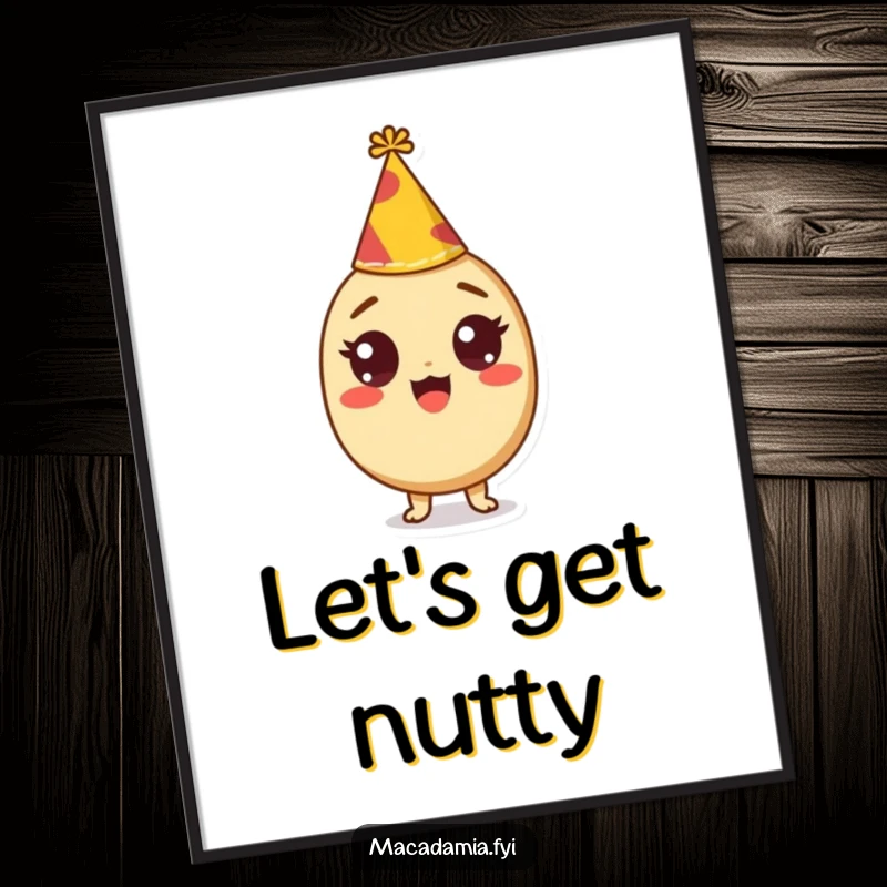 Funny digital art print of a macadamia nut character with wide, excited eyes wearing a tiny party hat for wall decor.