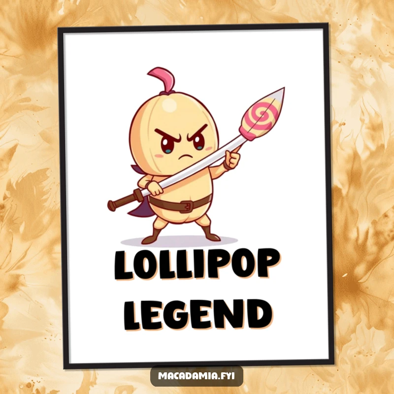 Funny macadamia nut digital art print of a determined character wielding a lollipop as a sword, perfect for heroic inspiration.