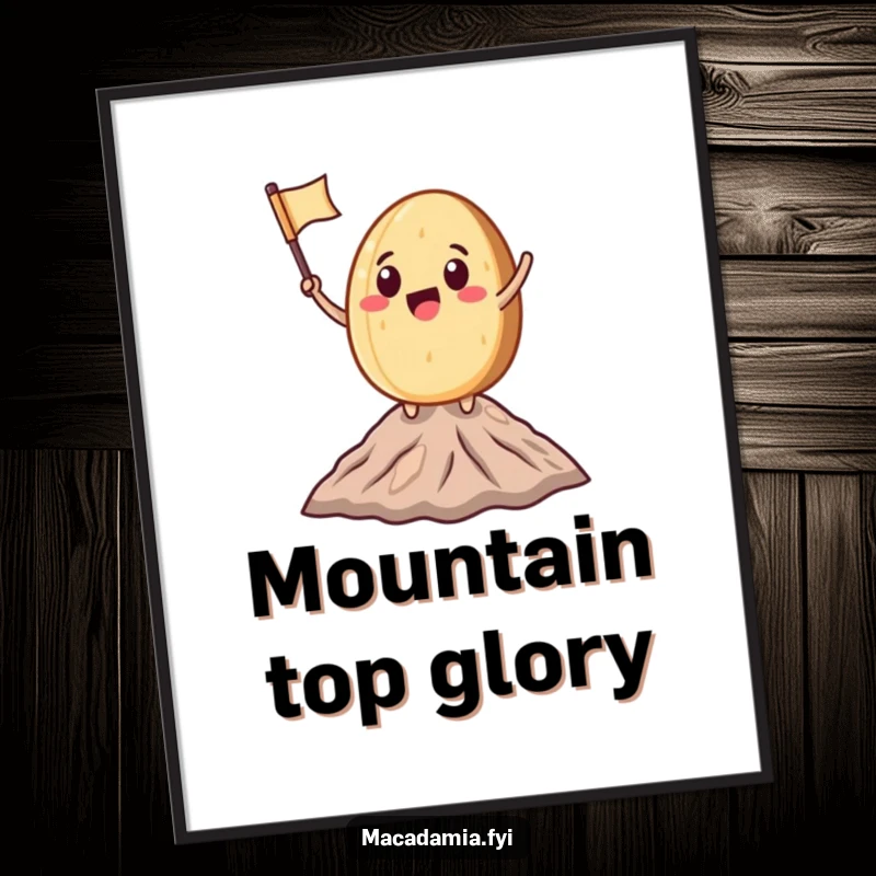 Funny Macadamia Nut character waving a miniature flag on a tiny mountain peak, offering instant motivational, humorous wall decor.