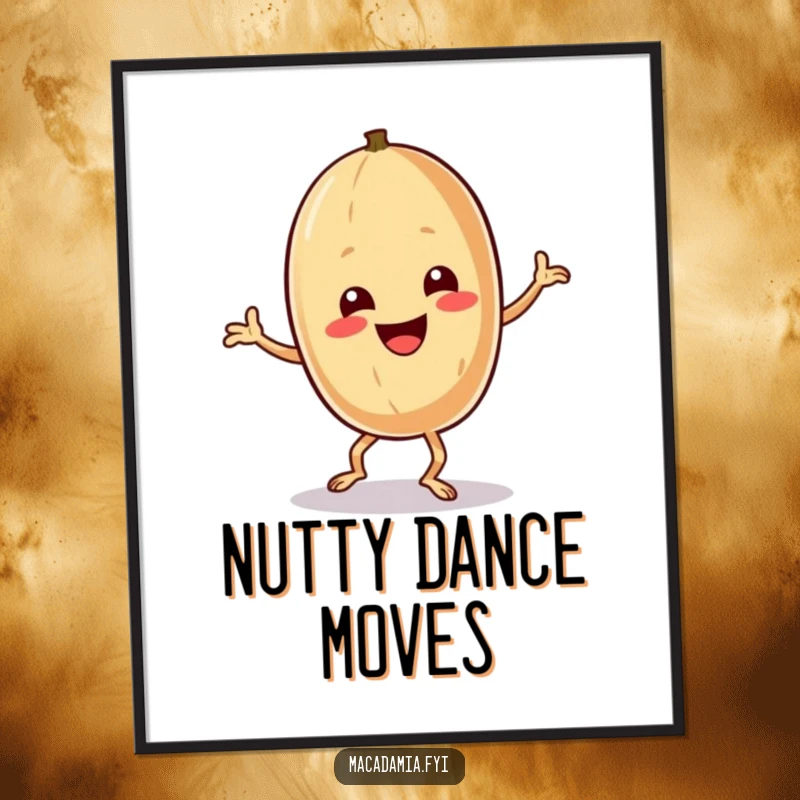Funny macadamia nut character performing a silly, exaggerated dance, digital art print.