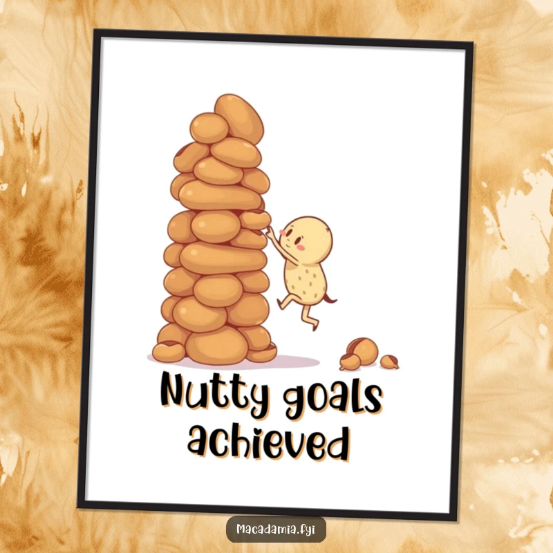 Funny digital art print of a macadamia nut character attempting to climb a giant, wobbly stack of macadamia nuts for wall decor.