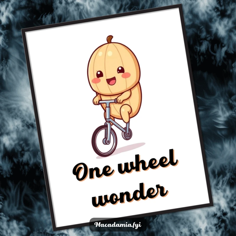 Funny kawaii macadamia nut riding a tiny unicycle with a big smile, perfect as downloadable humorous digital art.
