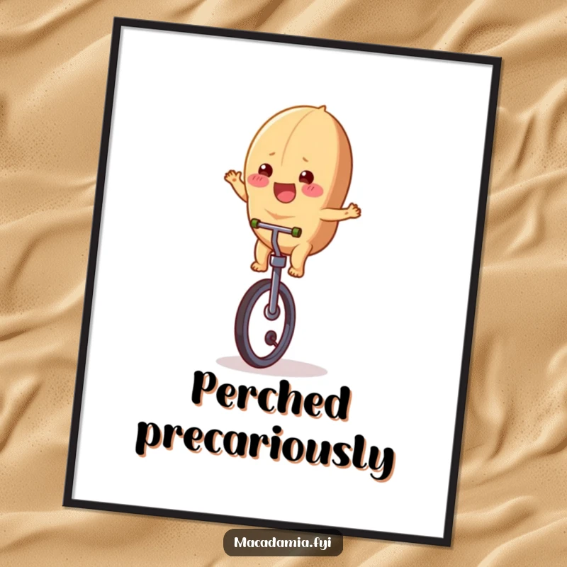 Funny macadamia nut character on a unicycle, printable digital art with instant humorous appeal.