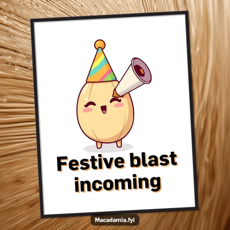 Funny macadamia nut in a party hat blowing an oversized party horn, bringing instant nutty celebration to digital art prints.