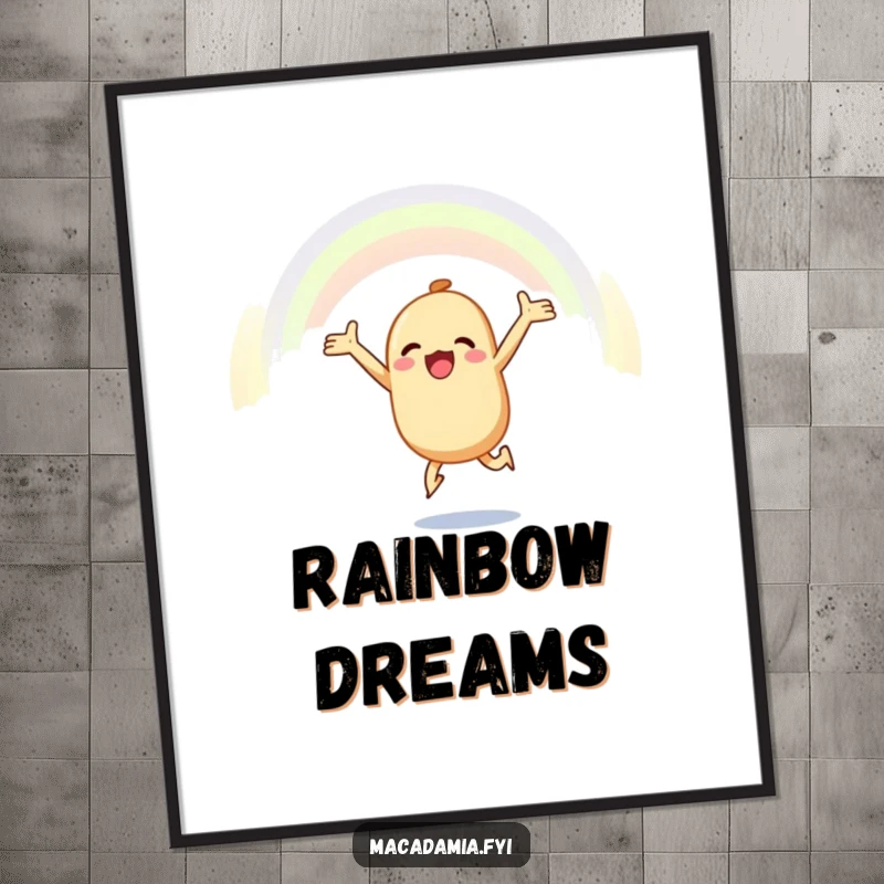 Funny macadamia nut digital art print of a joyful macadamia nut leaping towards a rainbow, offering instant inspirational and humorous decor.