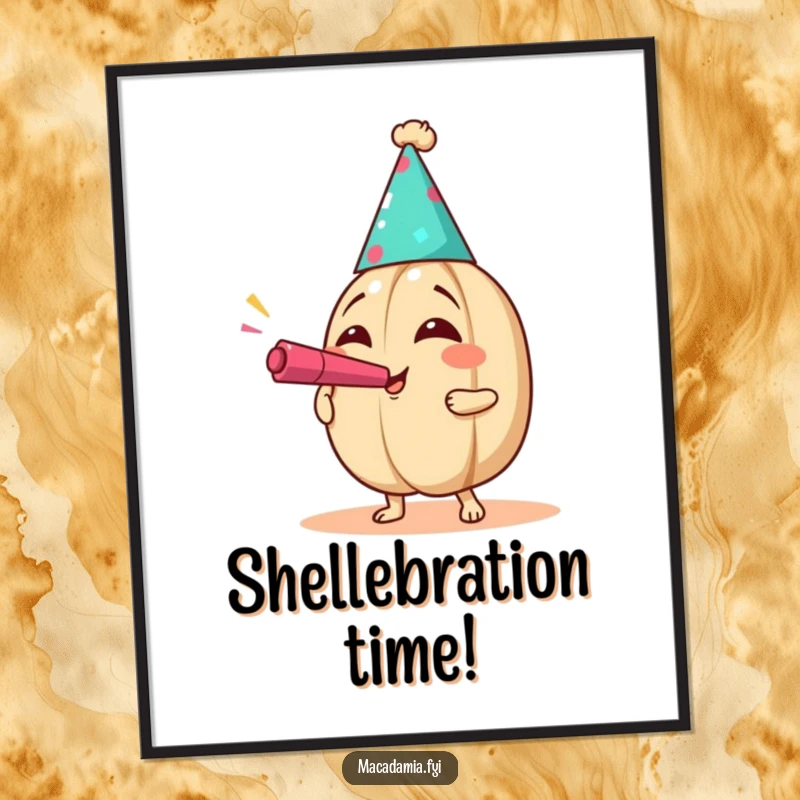 Funny Party Nut Digital Art Print of a macadamia nut in a party hat blowing a noisemaker with exaggerated joy, for festive decor.