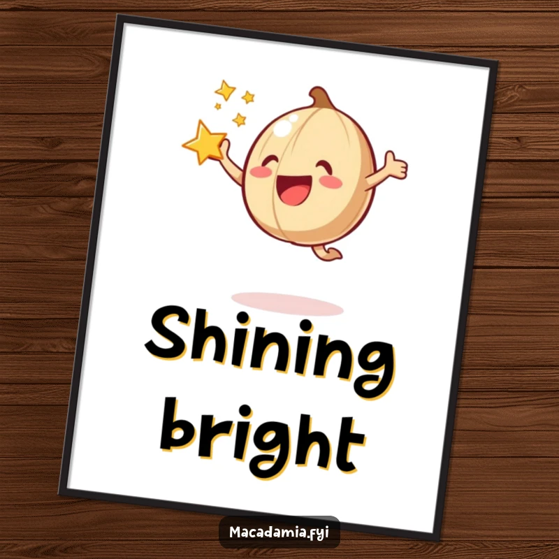 Funny macadamia nut joyfully jumps with a starburst, digital art for instant vibrant decor.