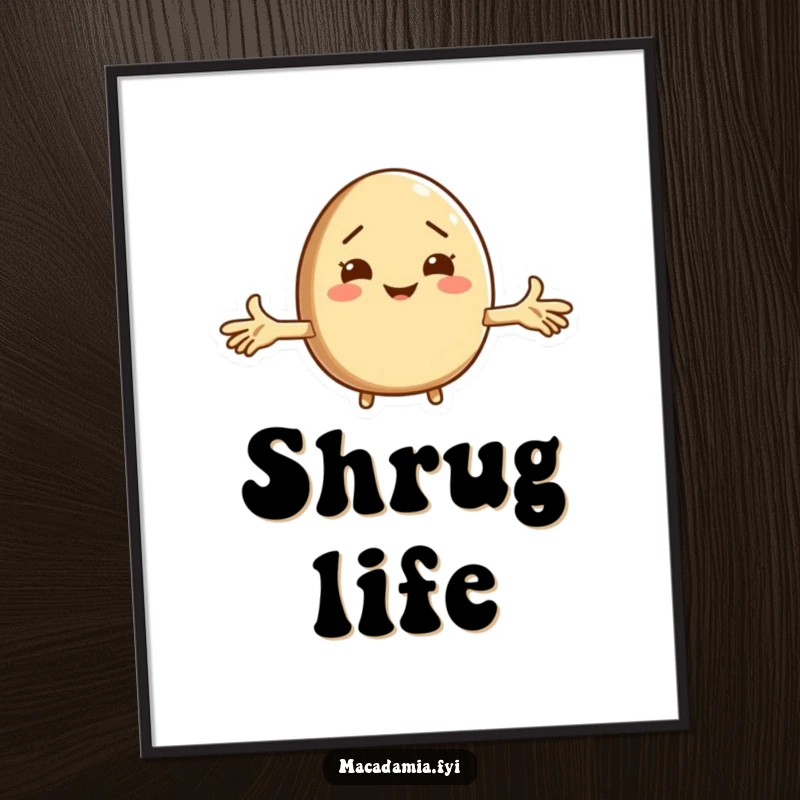 Funny macadamia nut character shrugging with arms wide on digital art, offering a humorous and relatable visual.
