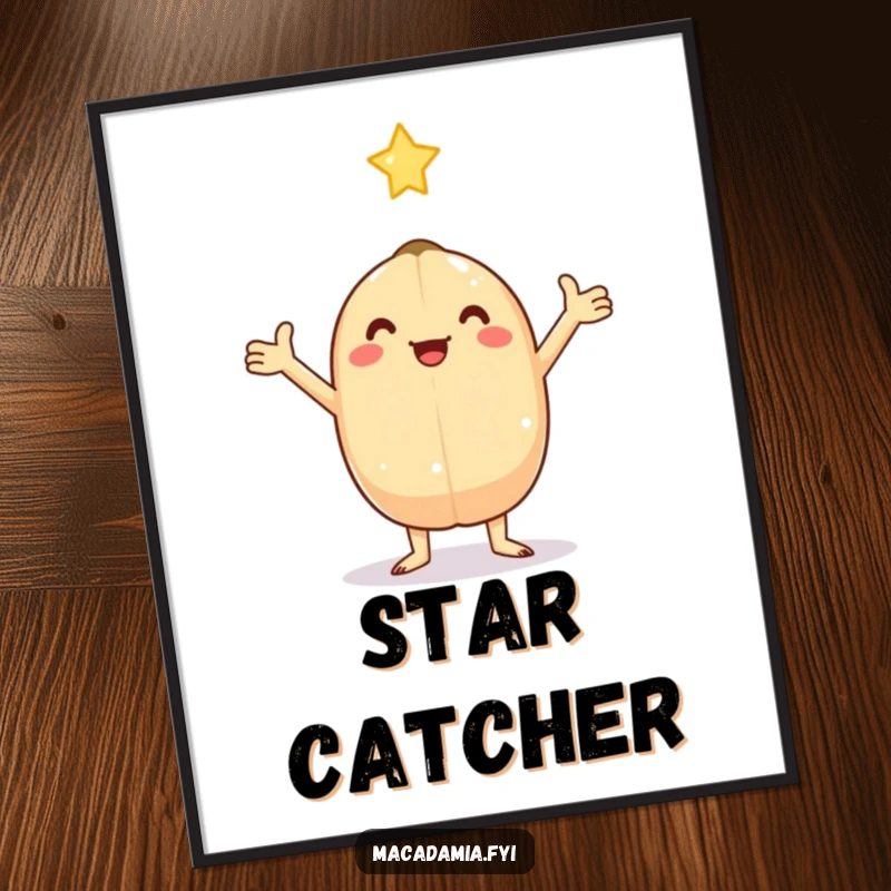 Funny kawaii macadamia nut with arms outstretched, catching a falling star, perfect as downloadable humorous digital art.