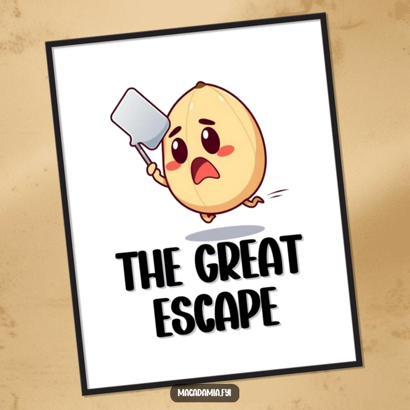 Funny Macadamia Nut Digital Art Print of a shocked nut rapidly dodging a flying spatula.