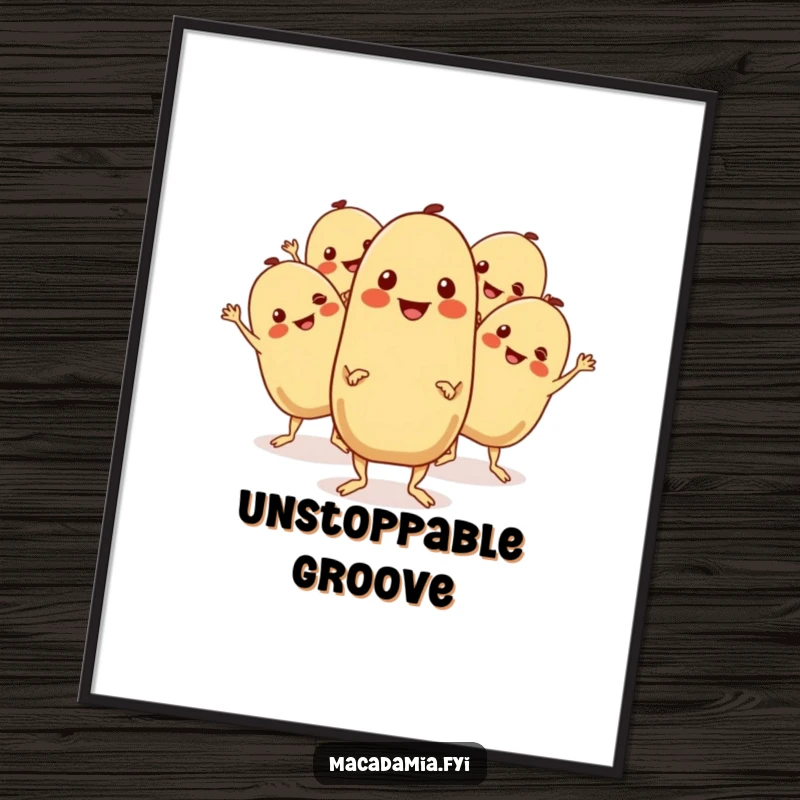 Funny Macadamia Nut Digital Art Print: A group of macadamia nuts boogie with cheerful expressions and wiggling limbs, festive wall art.