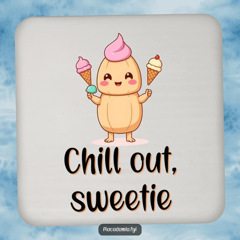 Funny kawaii macadamia nut juggling three tiny ice cream cones, adding humor to this protective drink coaster.