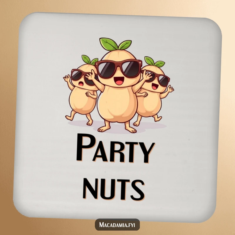 Funny macadamia nuts in sunglasses, dancing, depicted on a set of cool drink coasters.