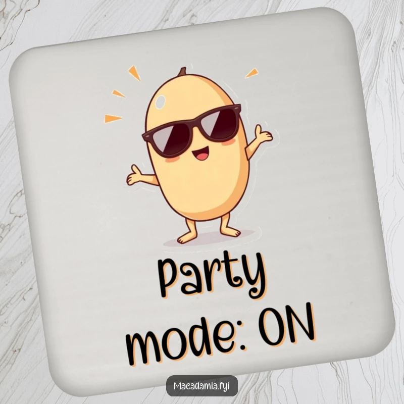 Funny kawaii macadamia nut wearing sunglasses and doing a dance pose, featured on this humorous protective coaster.