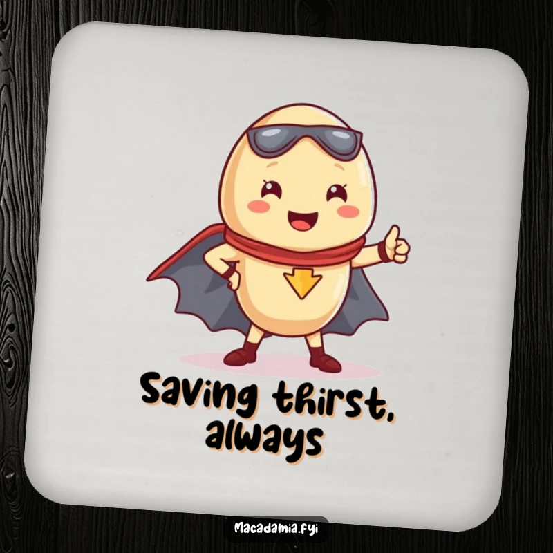 Funny Kawaii macadamia nut striking a superhero pose, cape flowing, on a drink coaster.