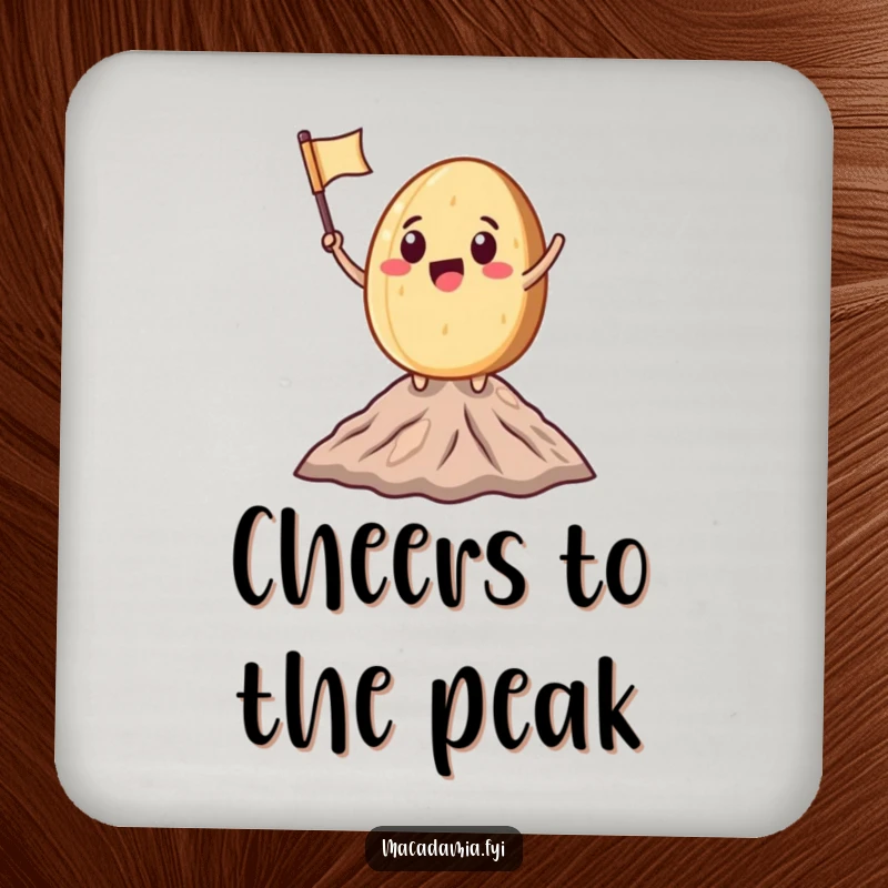 Funny Macadamia Nut character waving a miniature flag on a tiny mountain peak, for humorous surface protection and motivational flair.