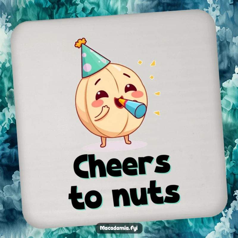 Funny macadamia nut character in a party hat, blowing a noisemaker, featured on drink coasters for a touch of party fun.