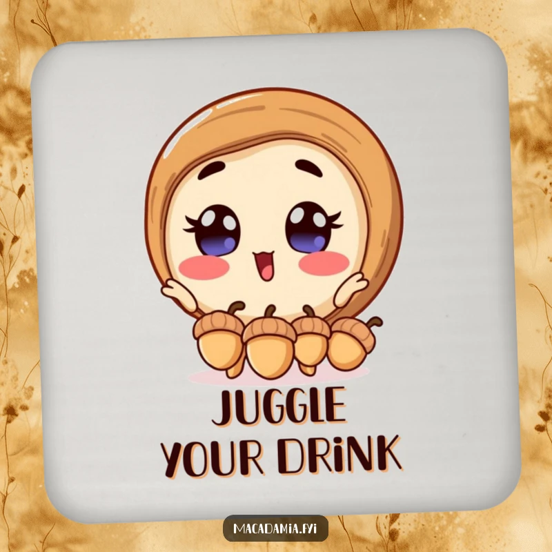 Funny macadamia nut drink coaster showcasing an excited macadamia nut juggling acorns, protecting furniture with nutty humor.