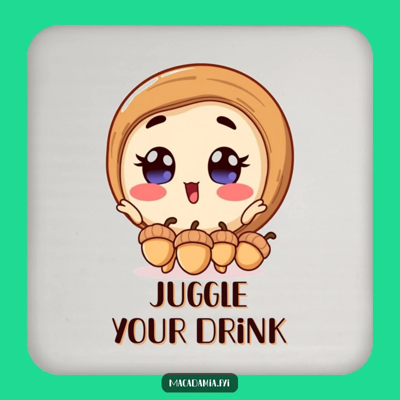 Funny Macadamia Nut Drink Coaster: Excited Acorn Juggler, Protect Surfaces with Nutty Humor Gift