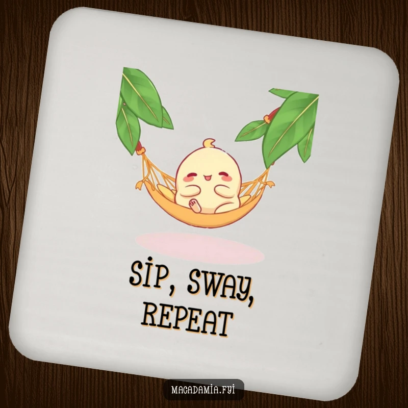 Funny Macadamia Nut Hammock Coaster: A blissful macadamia nut lounging in a hammock, providing humorous protection for your surfaces.