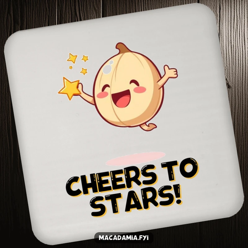 A funny coaster featuring a macadamia nut doing a joyful jump with a star bursting around it.