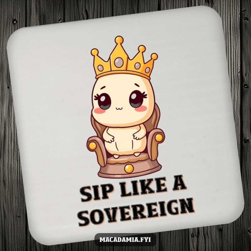 Funny coaster showing a macadamia nut character wearing a crown, seated proudly on a small throne, protecting surfaces with nutty charm.