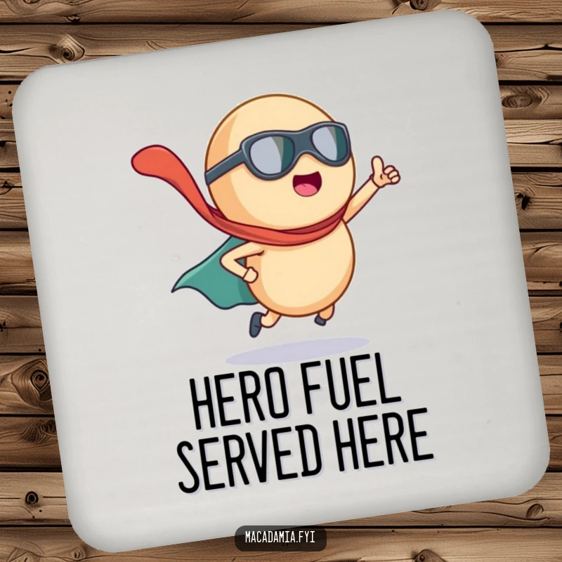 Funny macadamia nut superhero with a cape flying, featured on drink coasters for heroic table protection.