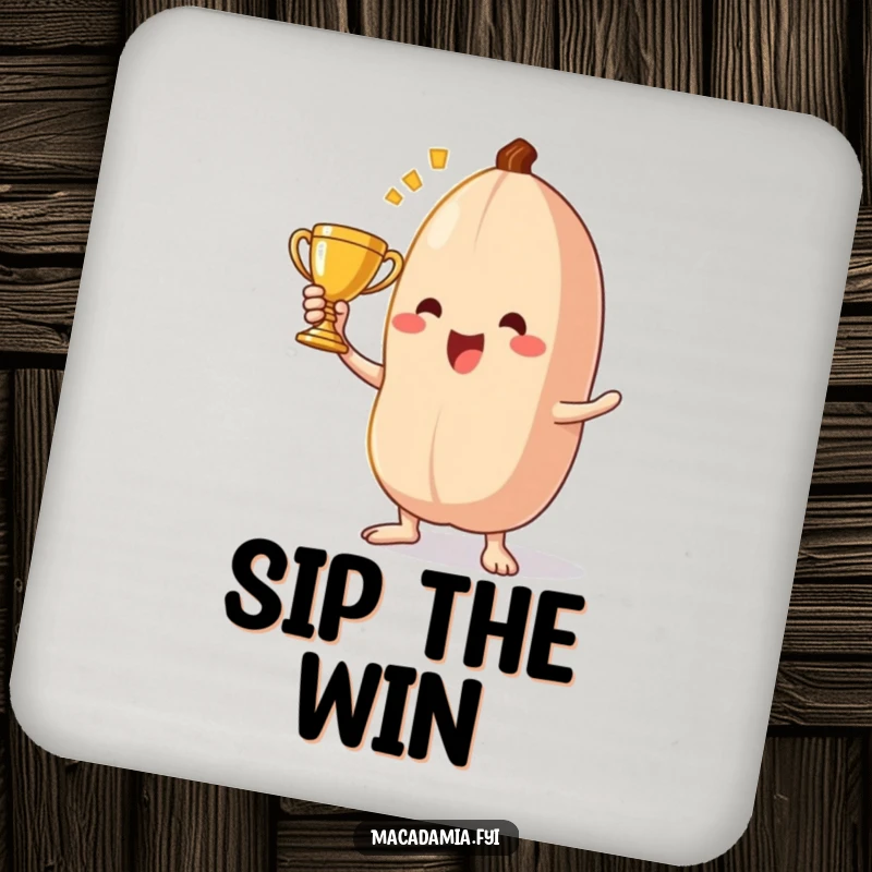 Funny macadamia nut drink coaster featuring a triumphant character holding a tiny trophy, protecting surfaces with nutty pride.