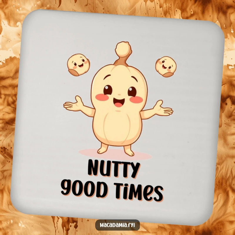 Funny drink coaster with a macadamia nut character happily juggling three tiny, smiling macadamia nuts, protecting surfaces.