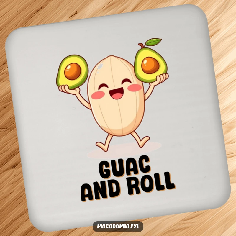 Funny drink coaster with a smiling macadamia nut character on legs happily juggling three shiny avocados, adding humor to any surface.