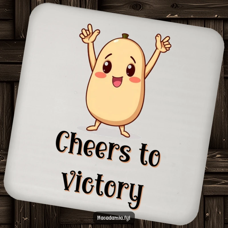 Funny macadamia nut character doing a triumphant dance on a drink coaster, arms raised high in celebration, a fun funny gift.