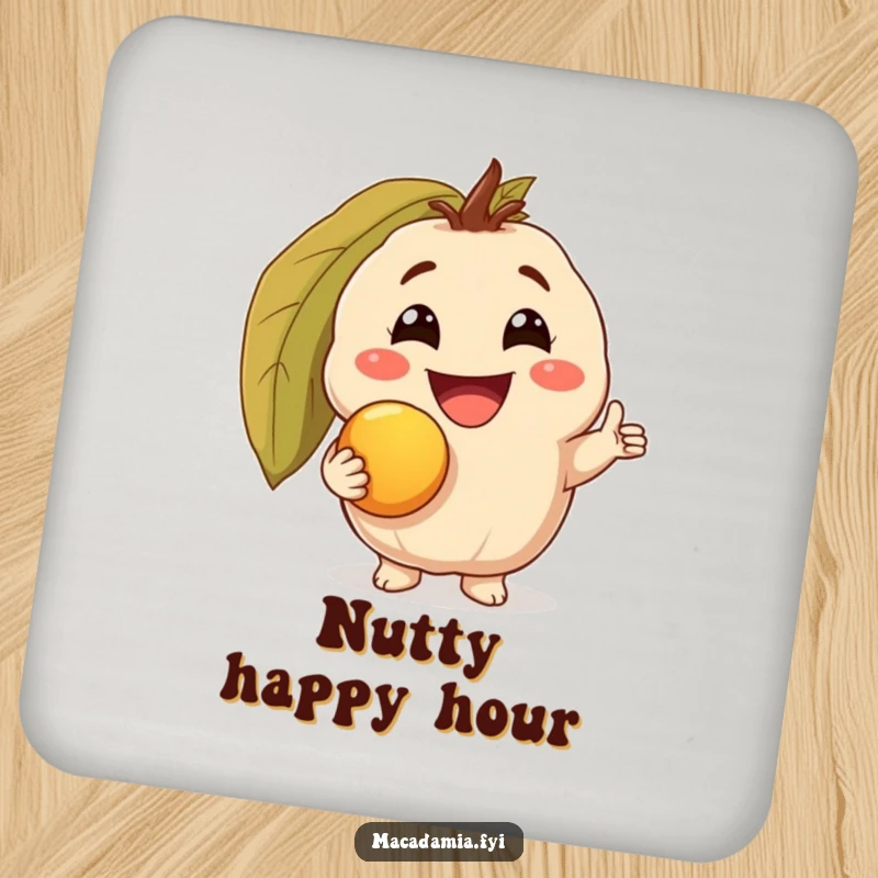 Funny drink coaster featuring a macadamia nut character with a triumphant grin, holding a golden macadamia nut, providing humorous nutty surface protection.