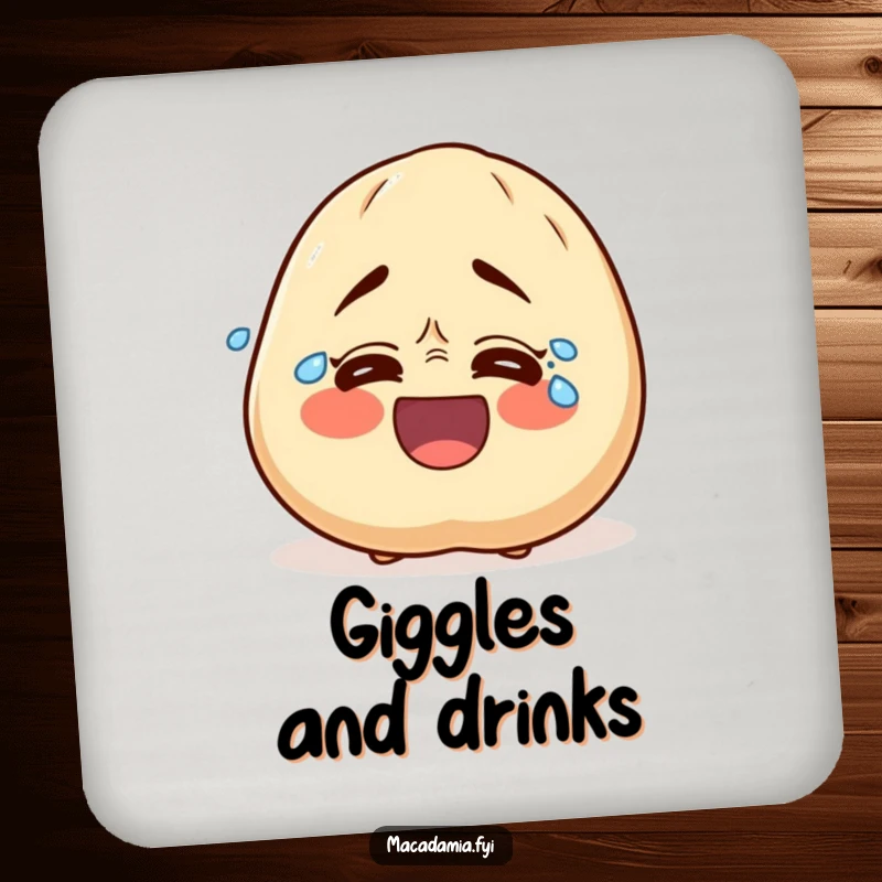 Funny coaster featuring a macadamia nut character crying tears of laughter, adding a humorous touch to protect drink surfaces.