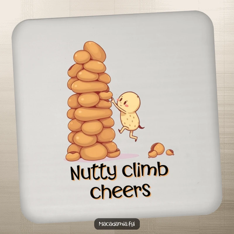 Funny drink coaster with a macadamia nut character attempting to climb a giant, wobbly stack of macadamia nuts, protecting surfaces.