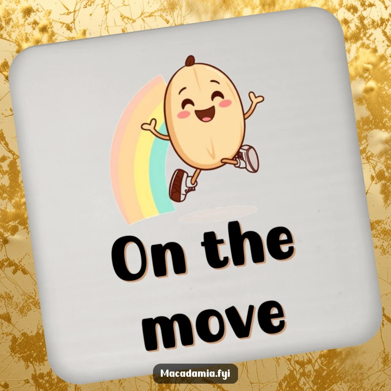 A funny coaster featuring a smiling macadamia nut in running shoes jogging over a rainbow.
