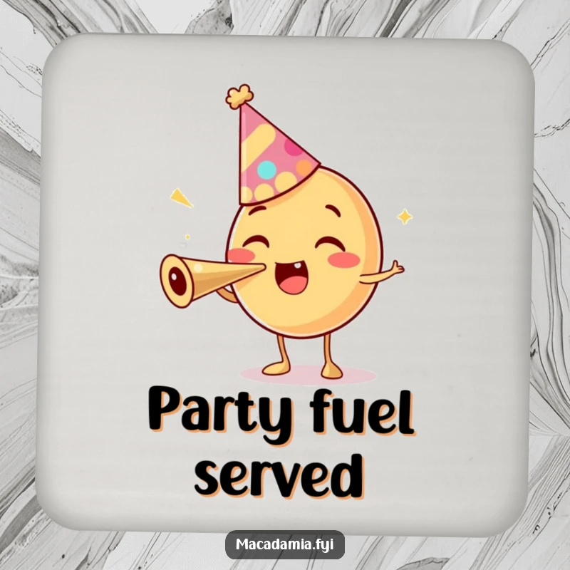 Funny drink coaster with a macadamia nut character in a party hat, excitedly blowing a party horn, adding festive protection.