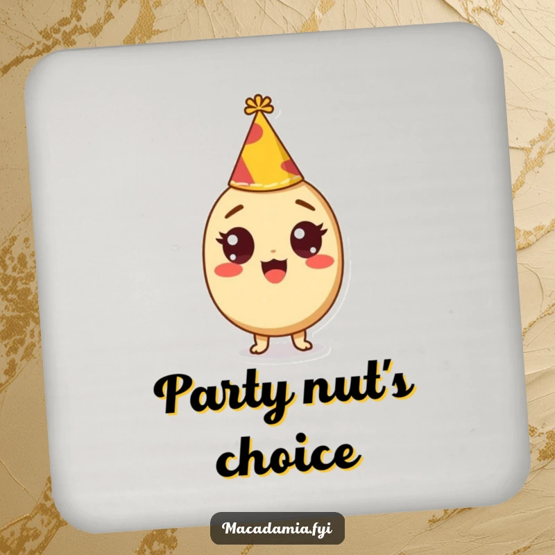 Funny drink coaster with a macadamia nut character with wide, excited eyes wearing a tiny party hat, protecting surfaces.