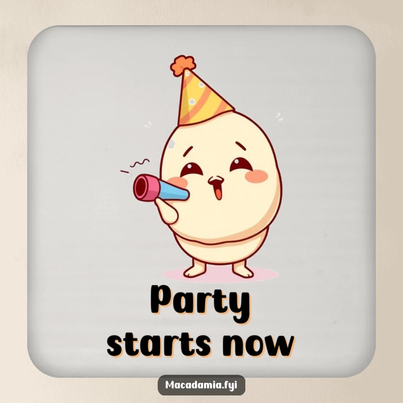 Funny macadamia nut drink coaster featuring a character in a party hat blowing a noisemaker, protecting surfaces with festive cheer.