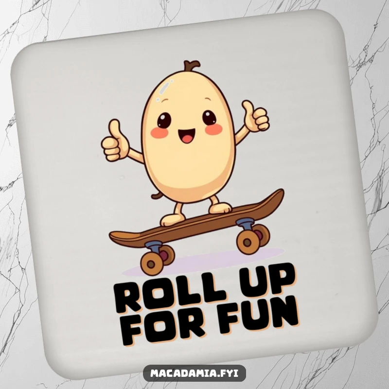 Funny drink coaster featuring a kawaii macadamia nut giving a thumbs up while balancing on a skateboard, offering cool and humorous surface protection.