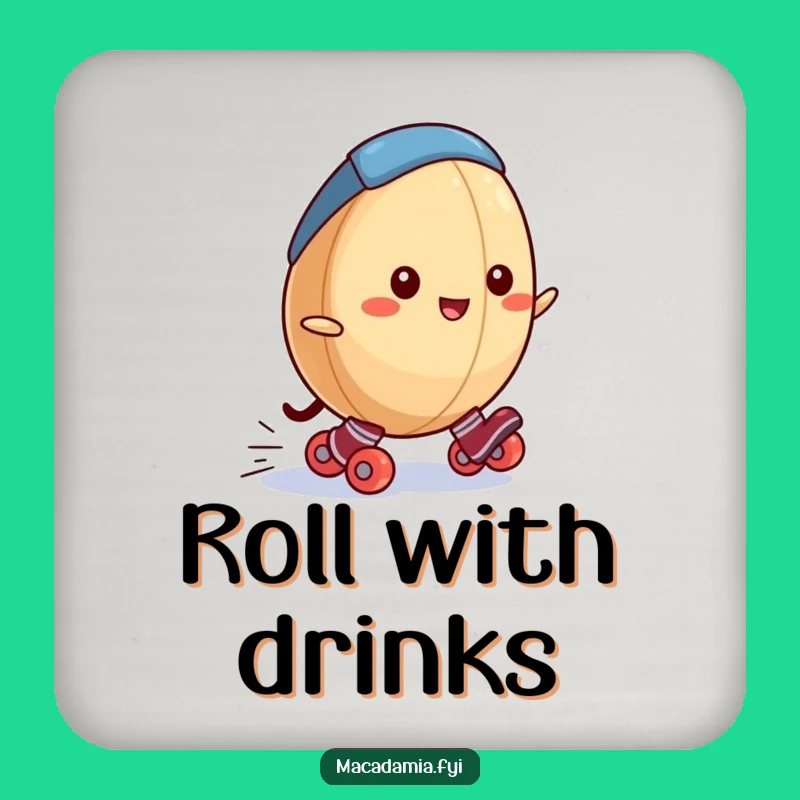 Funny Macadamia Nut Drink Coaster: Roller Skating Nut, Protect Surfaces with Nutty Humor Gift