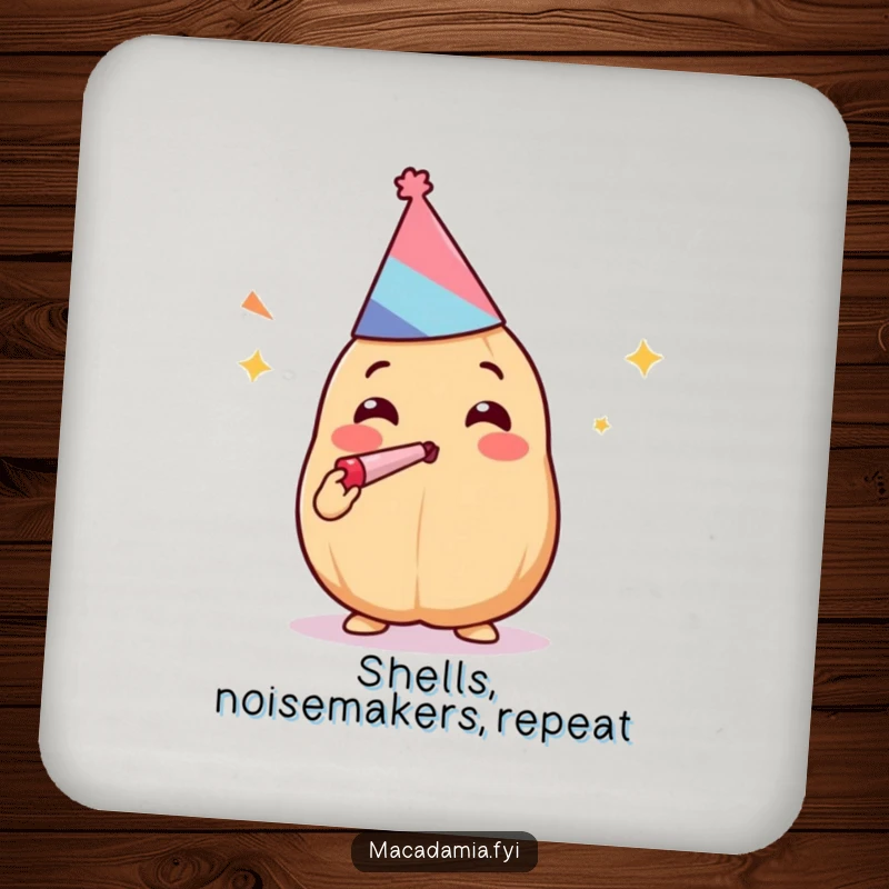 Funny Kawaii macadamia nut in celebration mode, complete with party hat and noisemaker, on a drink coaster.