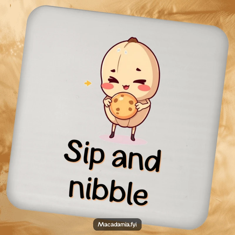 Funny Macadamia Nut character giving a mischievous wink while holding a delicious cookie mid-air, for humorous surface protection.