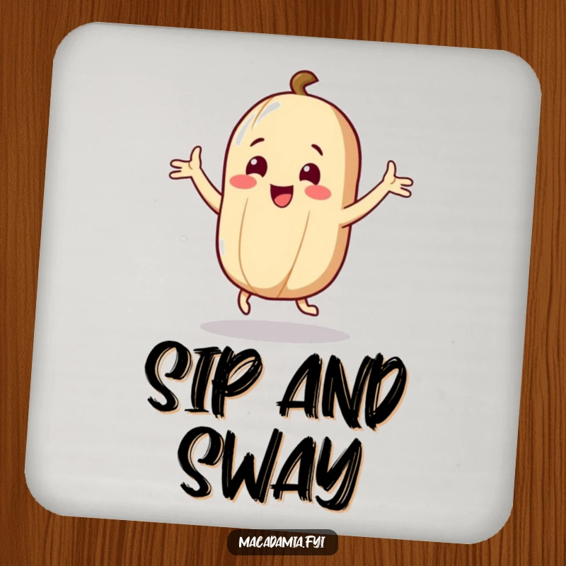 Funny Nut Coasters: A macadamia nut character dances with flailing arms joyfully, adding humor and protecting surfaces.