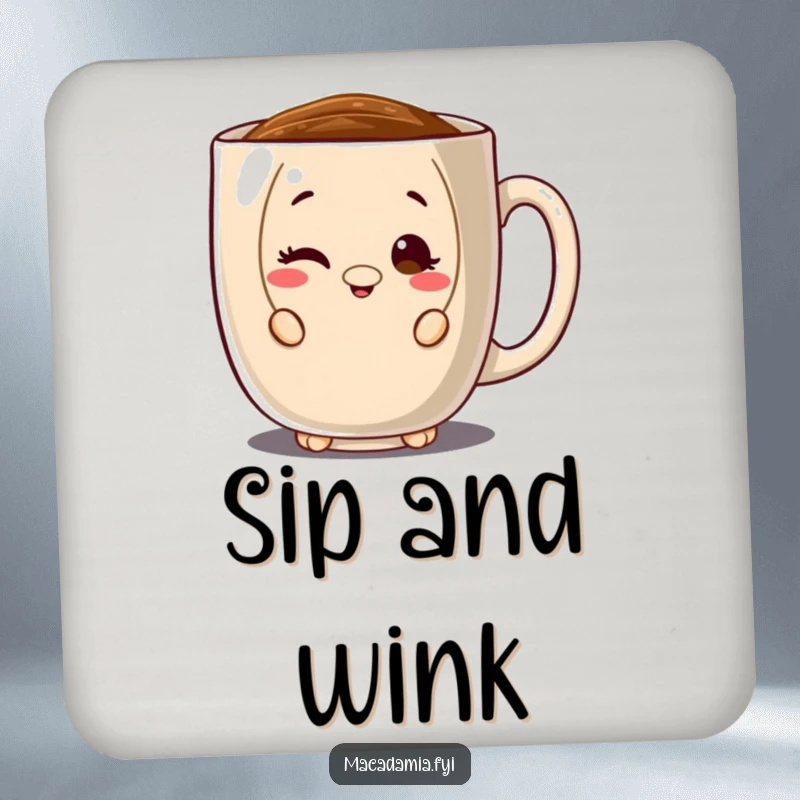 Funny drink coaster with a macadamia nut character peeking from behind a large coffee mug, winking playfully, protecting surfaces with charm.