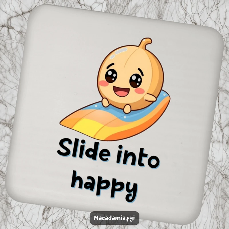 Funny macadamia nut coaster featuring a googly-eyed character sliding down a vibrant rainbow, a delightful drink accessory.