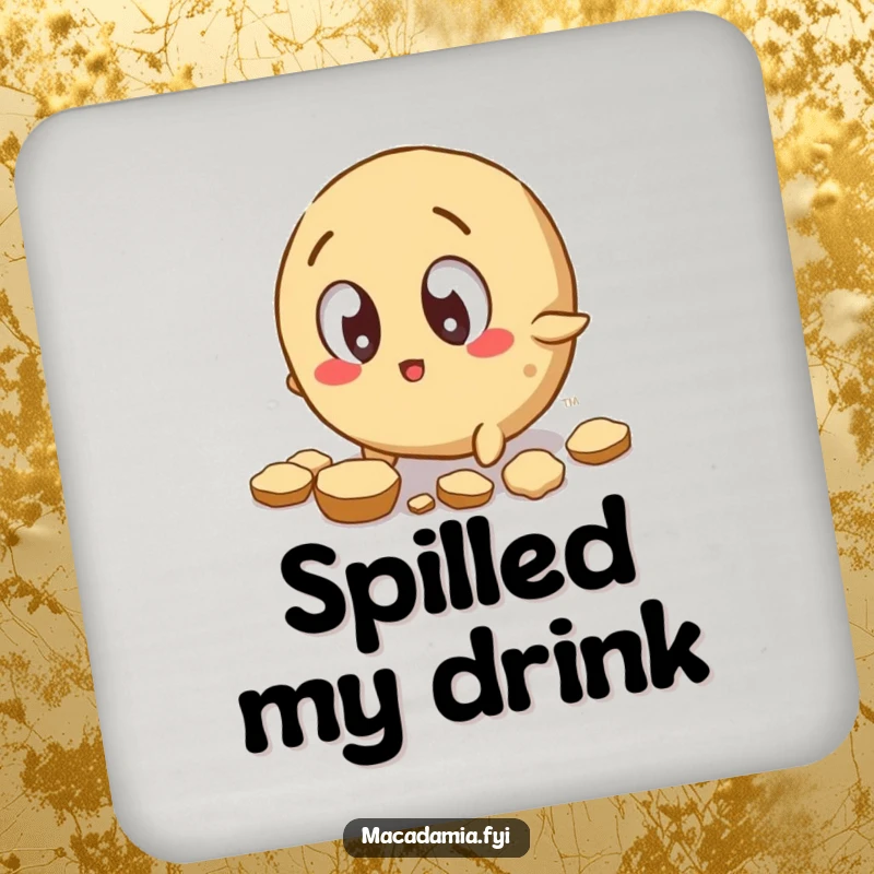 Funny Macadamia Nut Coaster: A macadamia nut with wide eyes trips, scattering shell pieces, adding clumsy humor.